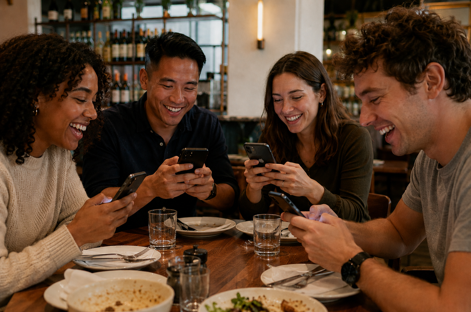 Friends at a restaurant using phones